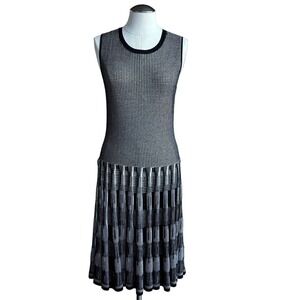 Lela‎ Rose Women's Knit Midi Dress Black White Houndstooth Pleated Skirt Small